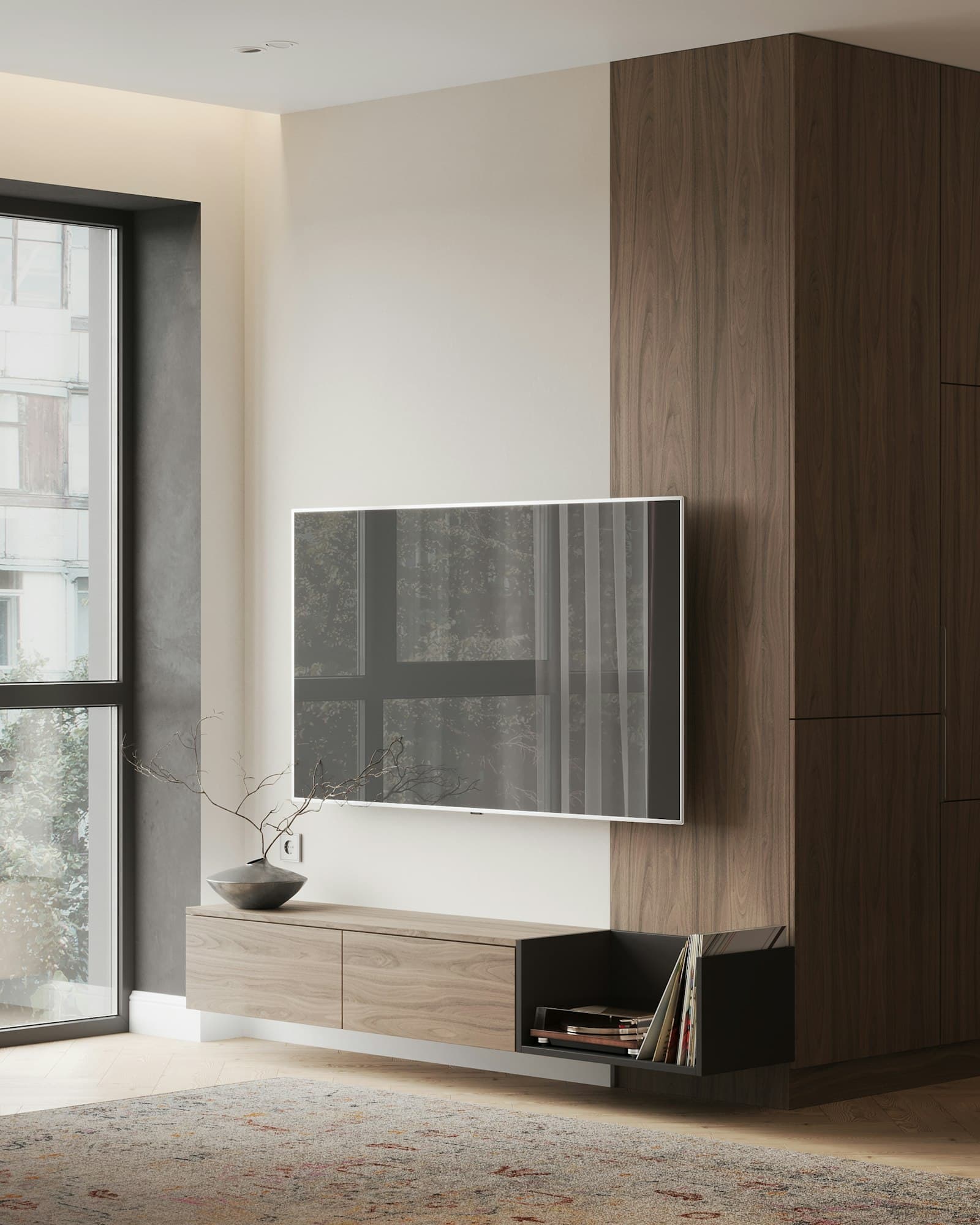 Wall-mounted television above a low wooden sideboard